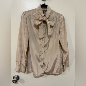 Vintage Givenchy Women's Front Bow Tie Beige Cream Red Stripped Blouse Size 10